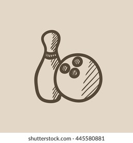 Bowling ball and skittle vector sketch icon isolated on background. Hand drawn Bowling ball and skittle icon. Bowling ball and skittle sketch icon for infographic, website or app.