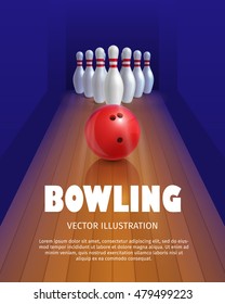 Bowling ball and skittles. Equipment for game. Sport competition. Red bowl and bowling pins. Vector illustration isolated on white background.