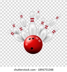 Bowling ball and skittles isolated on transparent background, vector ninepin strike on alley, bowling club sport and leisure entertainment center, realistic 3d red ball and skittle pins strike on lane