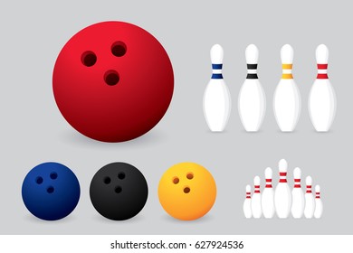 Bowling ball and skittles isolated on grey background. Vector of sport equipment