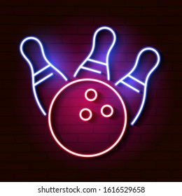 Bowling Ball And Skittles Neon Lights. Vector Illustration
