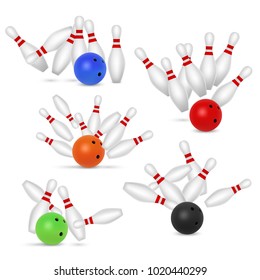 Bowling ball and skittles set. Vector realistic illustration isolated on white background.