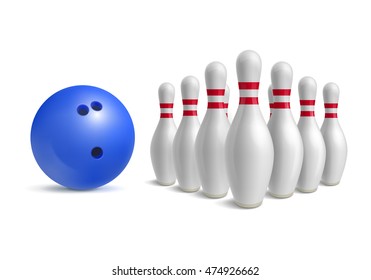 Bowling ball and skittles. Sport equipment for game. Hobby and recreation. Blue bowl and bowling pins. Vector illustration isolated on white background.