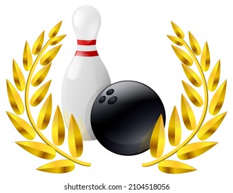 Bowling ball with the skittles surrounded by a gold laurel wreath (cut out)