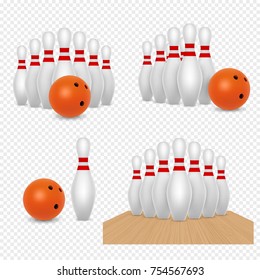 Bowling ball and skittles vector realistic illustration on transparent background.