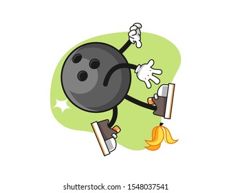 Bowling ball slip on banana peel cartoon. Mascot Character vector.
