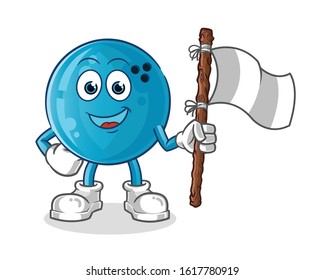 bowling ball smiling and holding white surender flag cartoon. cartoon mascot vector