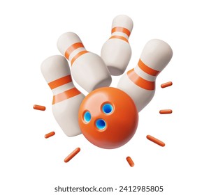 Bowling ball strike hit falling pin skittles. 3D bowling play target, winning movement vector concept. Bowling ball crashing into the pins. Realistic Bowl game sport competition