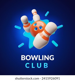 El ataque de la pelota de bolas golpeó los caracoles que caían. Cartel vectorial del club de bolos. objetivo de juego de boliche 3D, ganando movimiento. La pelota de boliche chocando en los pines. Competencia deportiva de Bowl realista