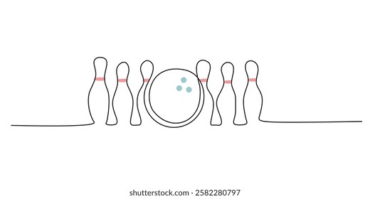 Bowling ball striking pins in continuous one line drawing. Minimalist design for sports and competition theme. Vector illustration hand drawn.