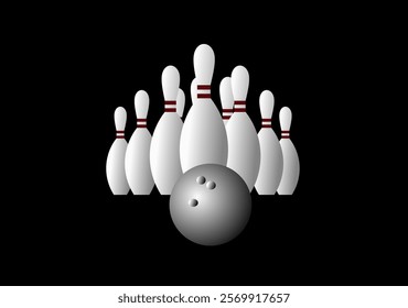 Bowling ball striking a set of bowling pins on a black background, representing sports and recreation, perfect for use in sports designs, ads, or creative projects