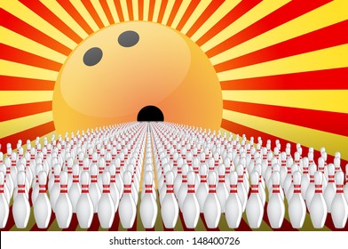 Bowling ball as sun with many pins