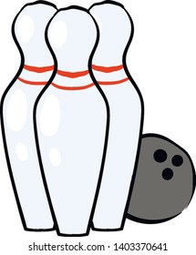 A bowling ball and three white pins near it , vector, color drawing or illustration.