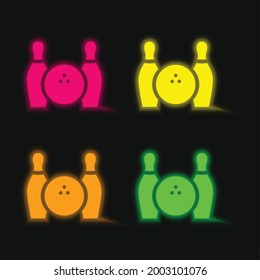Bowling Ball And Two Bowls four color glowing neon vector icon