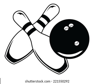 Bowling Ball With Two Pins - Graphic Style is an illustration of a black bowling ball and two bowling pins in a simple graphic style.