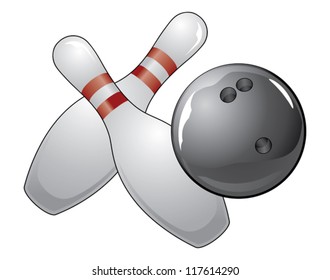 Bowling Ball With Two Pins is an illustration of a black bowling ball and two bowling pins.