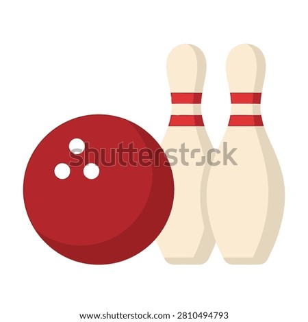 A bowling ball and two pins on a white background for game or recreation concept
