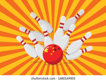Bowling ball with the United State flag breaks bowling pins. Financial crisis vector illustration