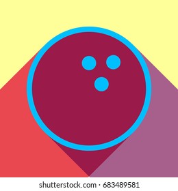 Bowling ball. Vector. Deep sky blue icon with two flat violet and raspberry semitransparent shadows on canary background.