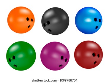 Bowling ball in vector on white background.Multicolored bowling balls in vector.Realistic bowling balls.
