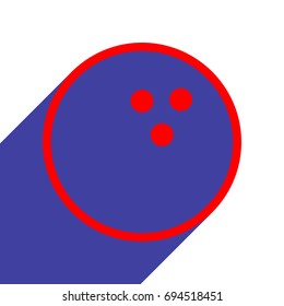 Bowling ball. Vector. Red flat style icon with dark blue long shadow on white background.