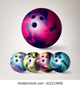 Bowling Ball Vector. Set 3D Realistic Illustration. Colorful Bowling Ball With Shadow. 