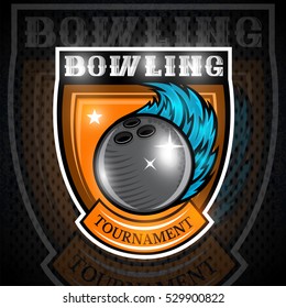 Bowling ball with wind trail in center of shield. Sport logo for any team or championship