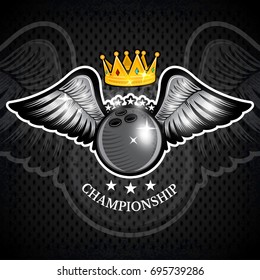 Bowling ball with wings and crown. Vector sport logo for any team and championship