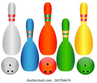 bowling with balls of different colors on a white background