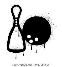 Bowling balls and bowling pins with black spray paint graffiti