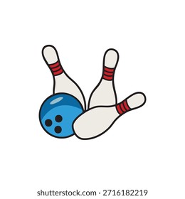 Ilustração vetorial de bolas de boliche e pinos em estilo plano e de contorno. Ícone de equipamento de boliche de dez pinos representando esportes, recreação, competição, greve, reposição e atividades de lazer.