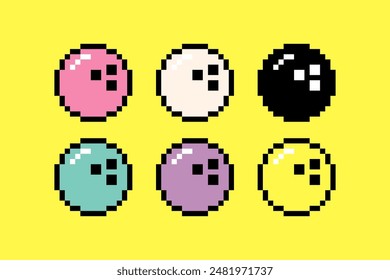 Bowling balls in pixel art style. Set of colorful balls. Creative concept of sport and recreation for healthy life style. Colorful Y2k trendy playful pixelated stickers. Mood of 90's aesthetics. 8-bit