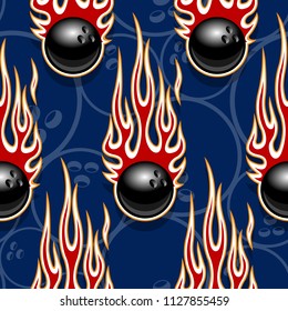 Bowling balls printable seamless pattern with hotrod flames. Vector illustration. Ideal for wallpaper packaging fabric textile wrapping paper design and any decoration.