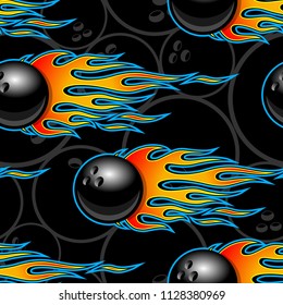 Bowling balls printable seamless pattern with hotrod flames. Vector illustration. Ideal for wallpaper packaging fabric textile wrapping paper design and any decoration.