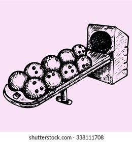 bowling balls sitting in the ball return, doodle style, sketch illustration, hand drawn, vector