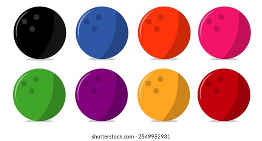 Bowling Balls Vector Icon Illustrations. Set Of Bowling Ball Flat Icon on transparent and white background.