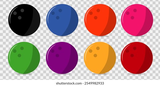 Bowling Balls Vector Icon Illustrations. Set Of Bowling Ball Flat Icon on transparent and white background.