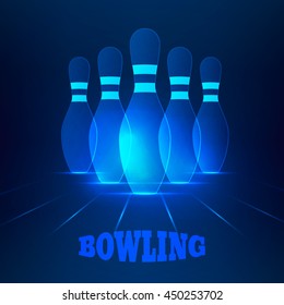 Bowling banner with blue glowing skittles.Vector illustration