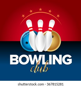 Bowling banner, card template, bowling champ club and leagues symbols realistic isolated vector illustration. Red and blue version.