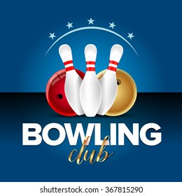 Bowling banner, card template, bowling champ club and leagues symbols realistic isolated vector illustration.