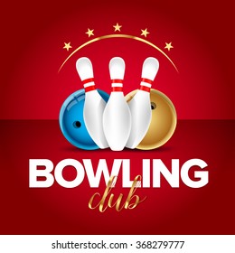 Bowling banner, card template, bowling champ club and leagues symbols realistic isolated vector illustration. Red version.