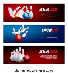 Bowling banner set design. Bowling strike champ club. Sport league players poster.