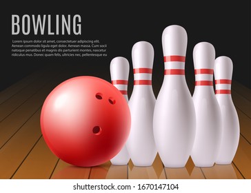Bowling banner template with white pins and red ball on wooden lane. realistic target sport equipment poster with text copy space - vector illustration.