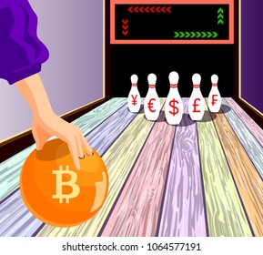 Bowling with bitcoin ball and national currencies' skittles. Bitcoin threaten to smash them with its successful growth in price. Flat colorful vector illustration