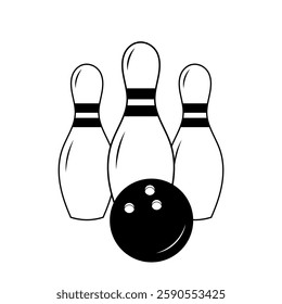 Bowling. Black and white illustration of pins and bowling ball. For designs team sports and outdoor activity themes.