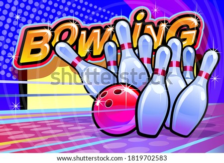 Bowling business card design. Vector illustration, sticker.