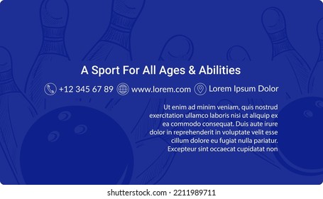 Bowling business card with promotion, information and contact data. Sports for all ages and abilities. Playing games for fun and recreation, professional sports and entertainment. Vector in flat style