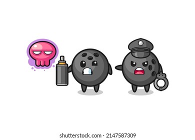 bowling cartoon doing vandalism and caught by the police , cute design