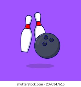 Bowling cartoon style icon illustration. Pin and ball bowling on purple background