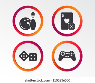 Bowling and Casino icons. Video game joystick and playing card with dice symbols. Entertainment signs. Infographic design buttons. Circle templates. Vector